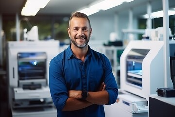 Portrait of smiling mature man standing with arms crossed in printing shop - Powered by Adobe