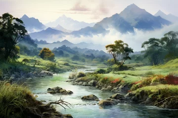 Keuken spatwand met foto Watercolor artwork depicting the serene beauty of morning light in mountainous landscapes. Generative AI © Vada