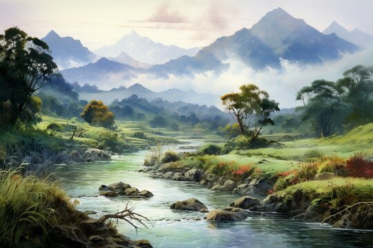 Watercolor artwork depicting the serene beauty of morning light in mountainous landscapes. Generative AI
