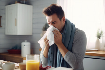 Sick man fighting viral infection at home - Powered by Adobe