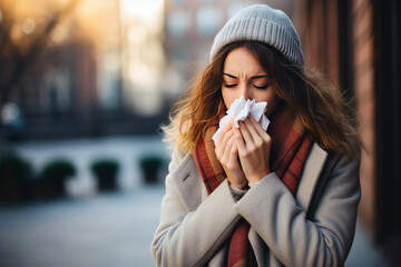 Cold and flu season: unhealthy woman outdoors in autumn with a handkerchief - obrazy, fototapety, plakaty