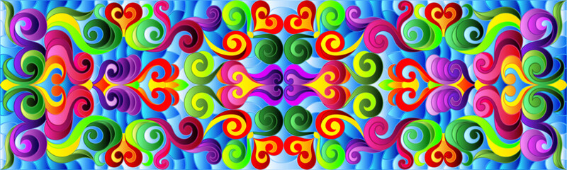 Illustration in stained glass style with abstract  swirls,flowers and leaves  on a blue background,horizontal orientation