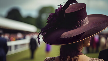  woman in beautiful hat at ascot racecourse, attending horse racing from behind. generative ai. - obrazy, fototapety, plakaty