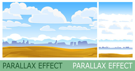Desert landscape with clouds. set of slides create parallax image layer. Cartoon style. Isolated on white background. Vector.