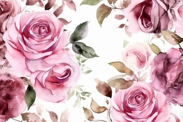 Pink vintage rose watercolor pattern on white background. Generative AI