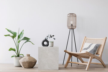 View of modern scandinavian style interior with chair and trendy vase, Home staging and minimalism concept