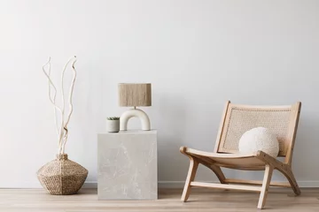 Fotobehang Scandinavisch View of modern scandinavian style interior with chair and trendy vase, Home staging and minimalism concept  © kite_rin