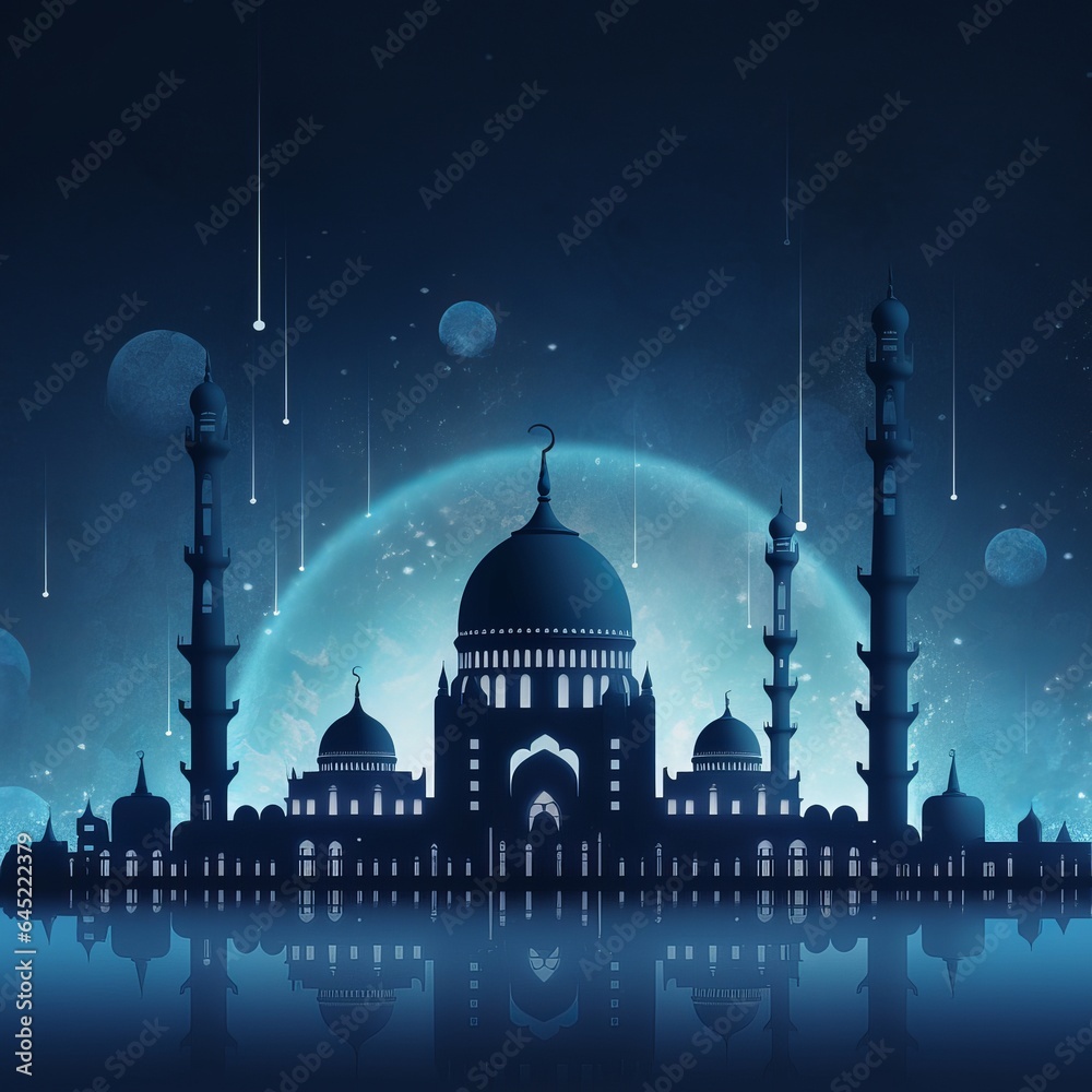 Wall mural free eid mubarak realistic silhouette of moon and mosque generative ai