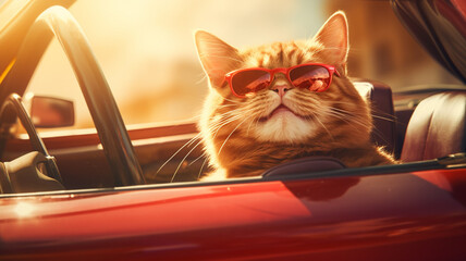 cat in sunglasses and a red car driving through the city.