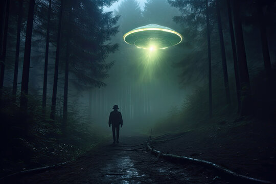 Strange man walks along a path with a hovering glowing UFO flying saucer above him In a mystical forest landscape at night