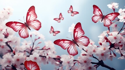 Pink and white butterflies flying on a clear background.