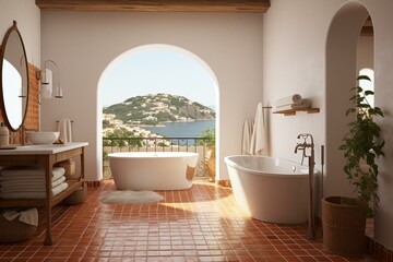 Wide bathroom view featuring terracotta tiles. Generative AI