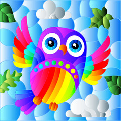 Obraz premium An illustration in the style of a stained glass window with bright cartoon owl on a background of blue sky and leaves