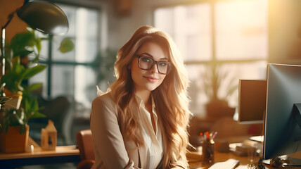 Beautiful and trendy IT programmer girl in a modern office environment - obrazy, fototapety, plakaty