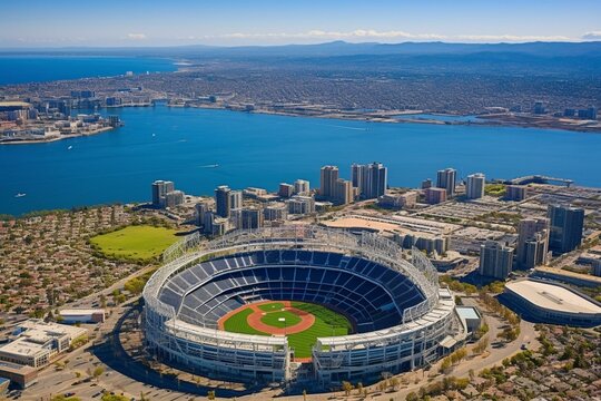 Aerial view of San Diego, California with Padres baseball stadium. Generative AI