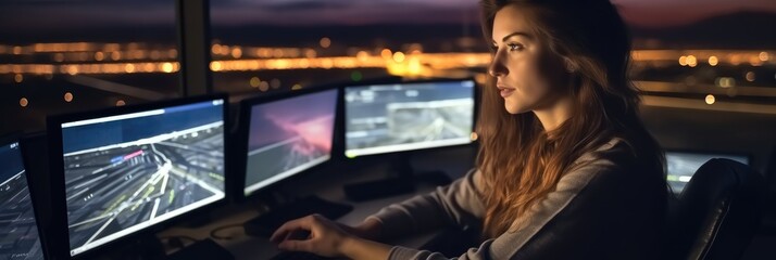 Woman working as air traffic controller at airport control tower. - obrazy, fototapety, plakaty