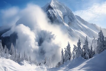 Fototapeta na wymiar Avalanche cascades across frigid peaks. Generative AI
