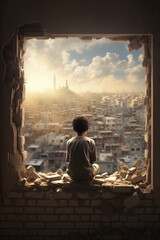 Desperate Boy kid silhouette sad and alone looking through the ashes of the city after war or a natural disaster through a destroyed wall. Hoping to see their parents and survive. Dramatic scene
