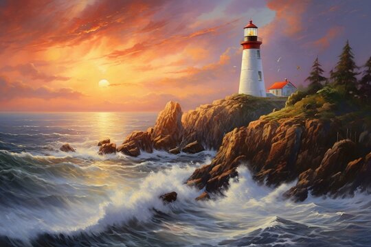 Coastal lighthouse painting with oil illustrating a picturesque scene. Generative AI