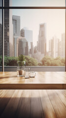 Wooden Table Surface Against Blurred Windowed Building Wall