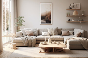 Modern style interior living room warm Scandinavian and cozy with wooden decoration, Cozy beige tone stylish, furniture, comfortable bed, Minimal decor design background.