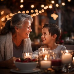 Obraz na płótnie Canvas Joyful Christmas Dinner: Grandmother's Smiles with Grandson in a Festive Setting