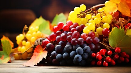 秋のフルーツ、新鮮なぶどうとベリーの果物盛り合わせ - obrazy, fototapety, plakaty