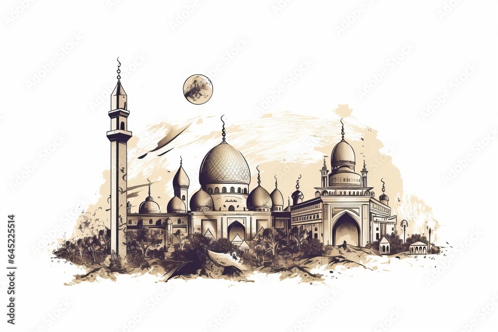 Wall mural free eid mubarak realistic silhouette of moon and mosque generative ai