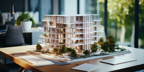 modern apartment building scale model on the desk in architect office - 645225547