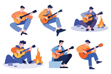 Hand Drawn Male musician playing acoustic guitar in flat style - obrazy, fototapety, plakaty