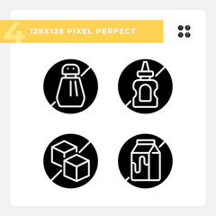 2D pixel perfect glyph style icons set representing allergen free, simple silhouette illustration.