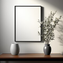 minimal scandinavian living room interior with black mock up poster frame for mockup. AI Generated
