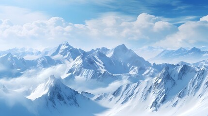 Fototapeta na wymiar Panoramic view of snowy mountains in the clouds. Winter landscape