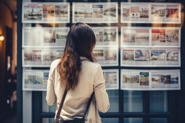 Femme brune regardant des annonces immobilières » IA générative