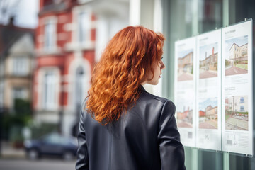 Fototapeta premium Vue de côté d'une femme rousse devant des annonces immobilières » IA générative
