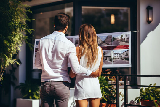 Vue de dos d'un couple devant des annonces d'une agence immobilière » IA générative