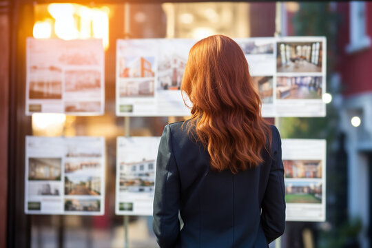 Femme rousse devant des annonces d'une agence immobili&egrave;re &raquo; IA g&eacute;n&eacute;rative