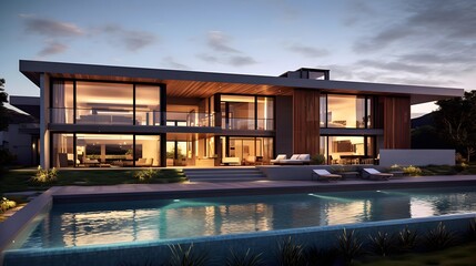 Modern house with swimming pool at dusk. Luxury house with pool and deck for sale or rent.