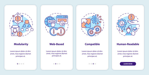 2D icons representing health interoperability resources mobile app screen set. Walkthrough 4 steps multicolor graphic instructions with thin line icons concept, UI, UX, GUI template.