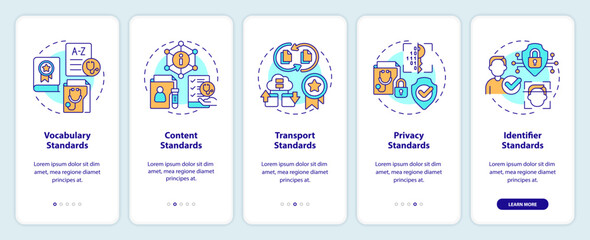 Multiple icons representing health interoperability resources mobile app screen set. Walkthrough 5 steps graphic instructions with thin line icons concept, UI, UX, GUI template.