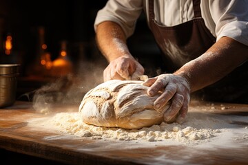 A skilled artisan baker meticulously braiding a challah bread.