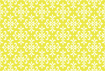 Floral pattern. Vintage wallpaper in the Baroque style. Seamless vector background. White and yellow ornament for fabric, wallpaper, packaging. Ornate Damask flower ornament