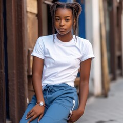 Young woman wearing a white casual t-shirt for mockup design, AI Generated