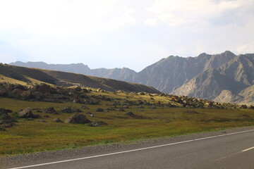 Landscape of one of the most beautiful roads in the world. Chuya Highway, route R256 on sunset.