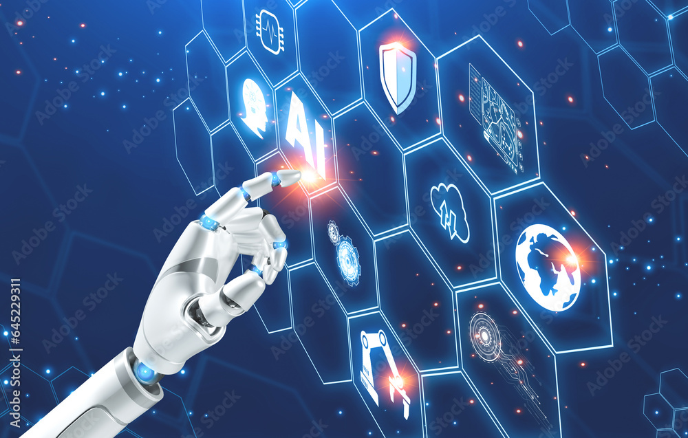Poster Robot Hand Touching AI icon on graphic virtual interface touchscreen, 3D Rendering Artificial Intelligence technology and machine learning for human life development in the future concept 