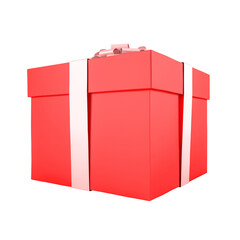 Red gift box with white ribbon and bow isolated on png background for giving present concept.
