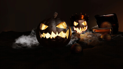 jack O lantern Halloween pumpkin with gold golf in treasure chest in the dark night 3D rendering