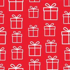 simple pattern repeating gift icon white outline randomly lined up on red background