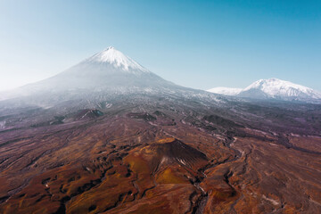 Drone view panorama of the mountain volcano valley Klyuchevskaya Sopka, Kamchatka