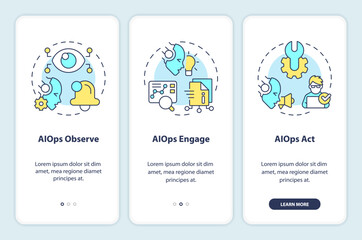 2D icons representing AI ops mobile app screen set. Walkthrough 3 steps colorful graphic instructions with linear icons concept, UI, UX, GUI template.